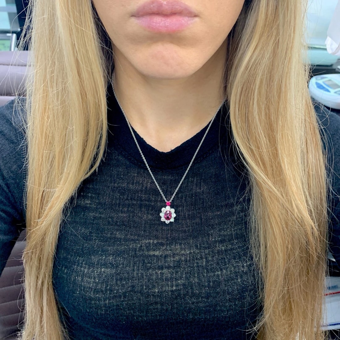 Oval Pink Tourmaline Diamond Halo Pendant Necklace 14K White Gold, 4.11 CTW - 4