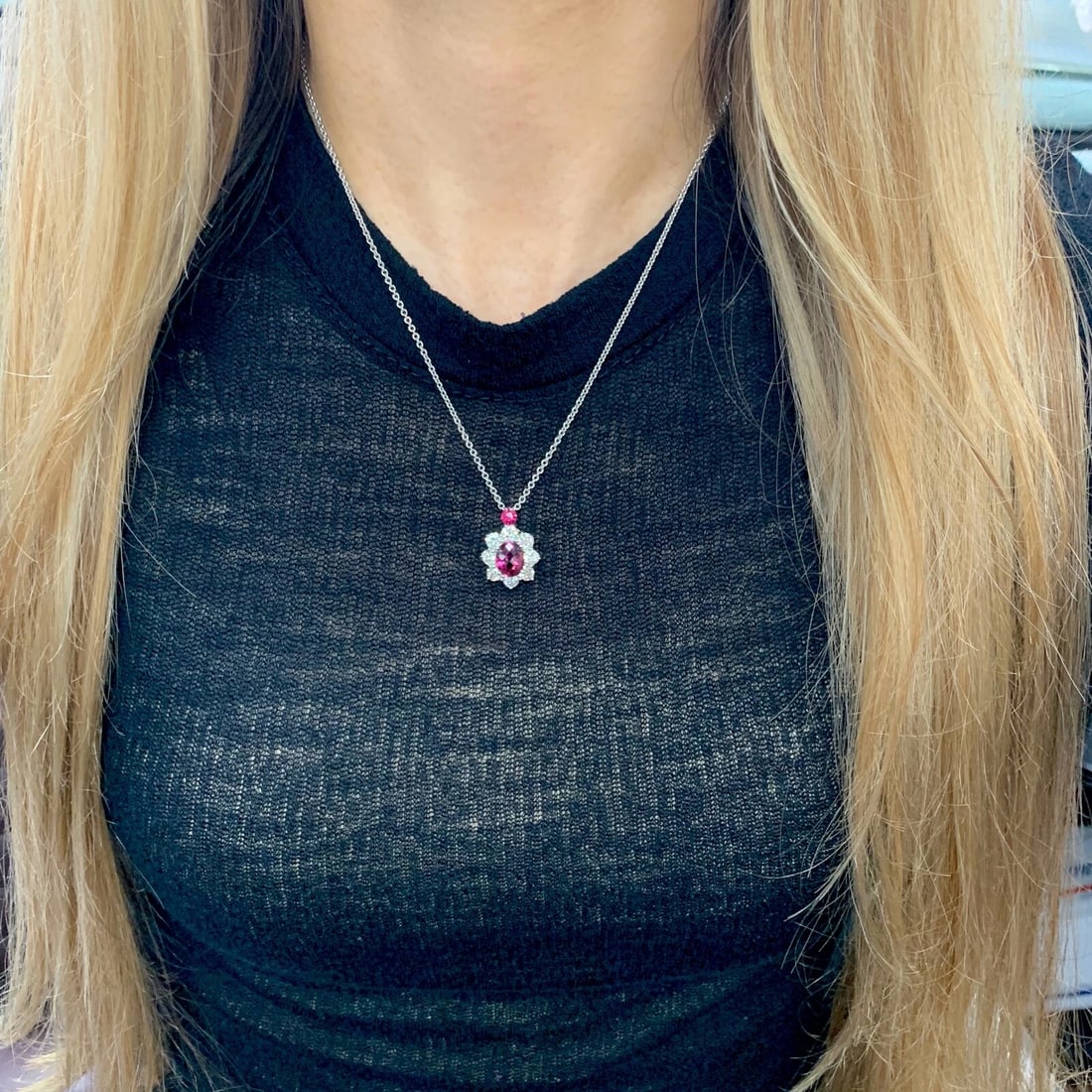 Oval Pink Tourmaline Diamond Halo Pendant Necklace 14K White Gold, 4.11 CTW - 5