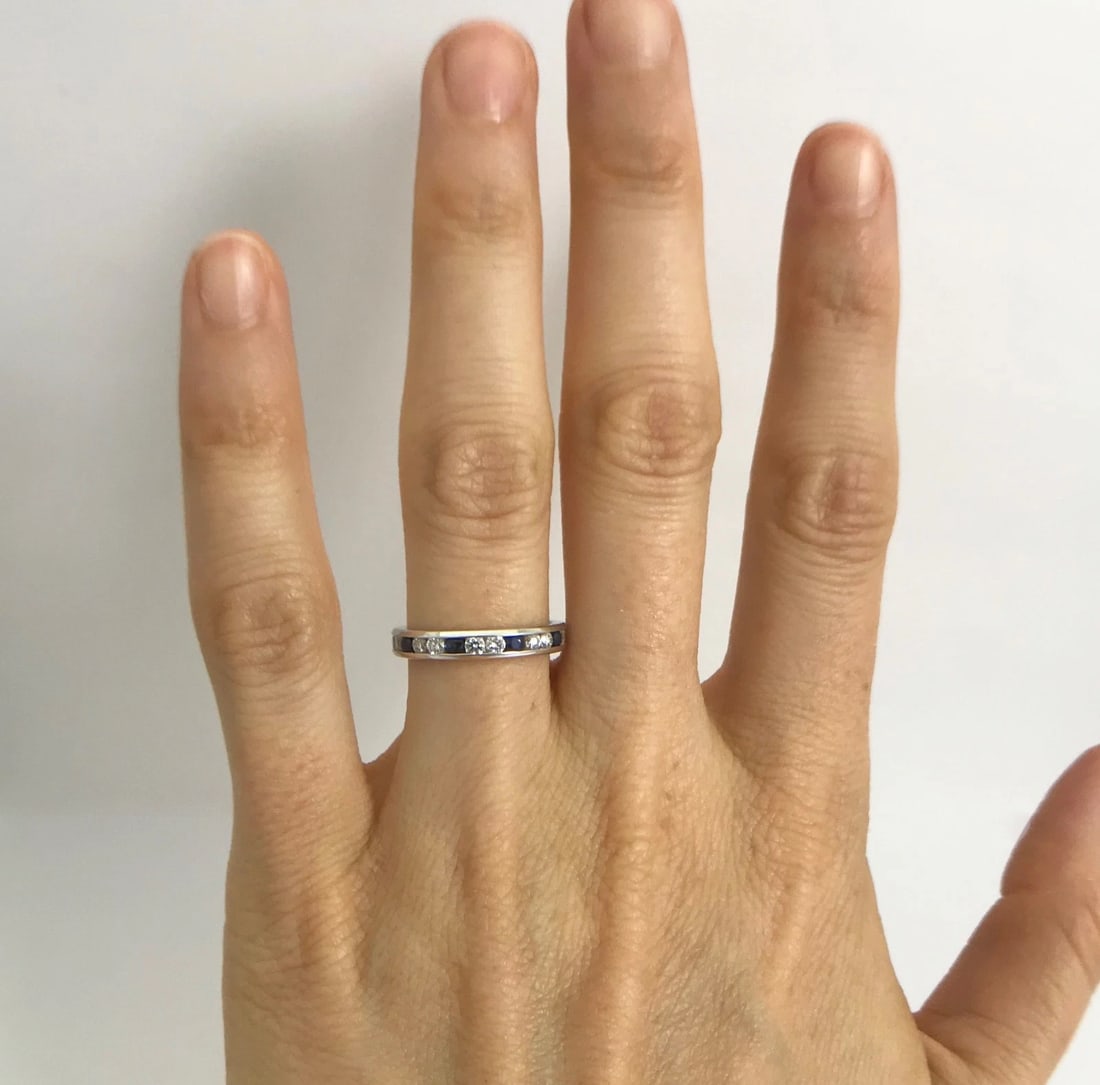 Blue Sapphire and Diamond Eternity Band Ring 14K White Gold, .90 CTW, Size 4 - 2