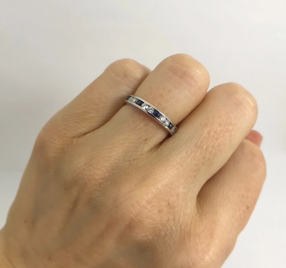 Blue Sapphire and Diamond Eternity Band Ring 14K White Gold, .90 CTW, Size 4 - 4