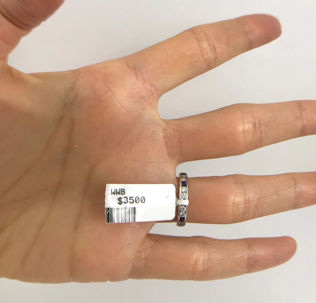 Blue Sapphire and Diamond Eternity Band Ring 14K White Gold, .90 CTW, Size 4 - 6