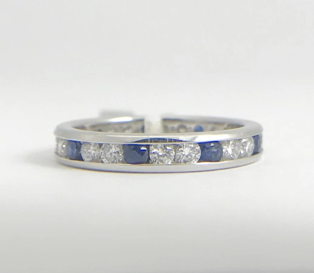 Blue Sapphire and Diamond Eternity Band Ring 14K White Gold, .90 CTW, Size 4 - 7
