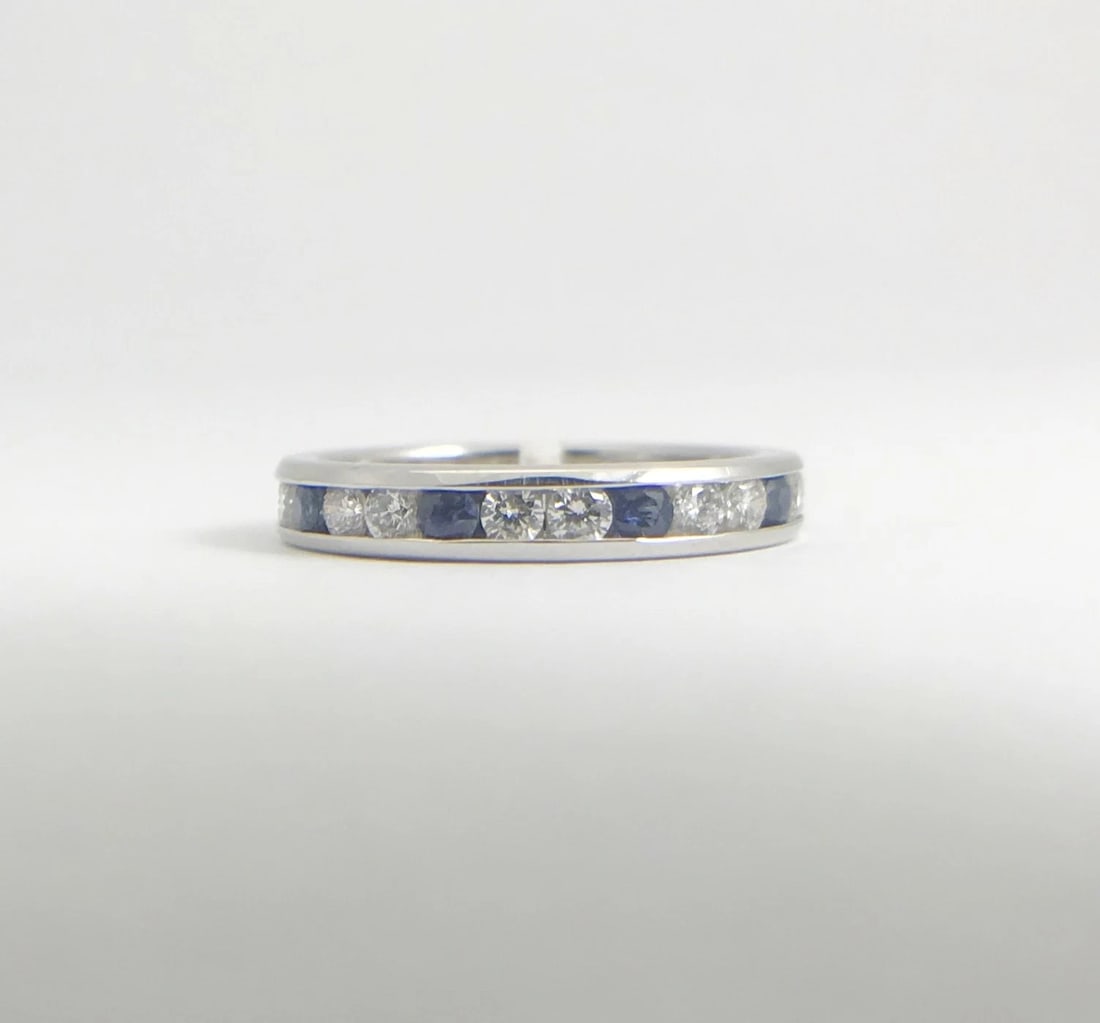 Blue Sapphire and Diamond Eternity Band Ring 14K White Gold, .90 CTW, Size 4 - 9