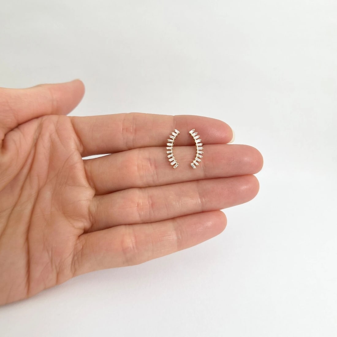 Curved Baguette Diamond Bar Crawler Climber Stud Earrings 14K Yellow Gold .30 TW - 2