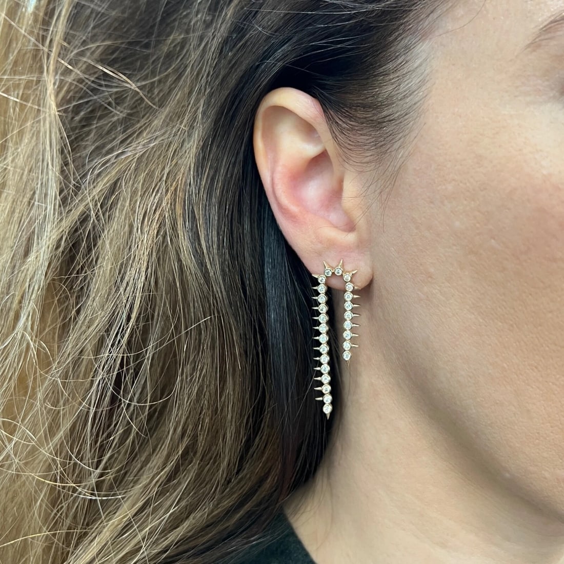 Long Diamond Bezel Spike Chain Dangle Drop Earrings 14K Yellow Gold, 1.09 CTW - 2