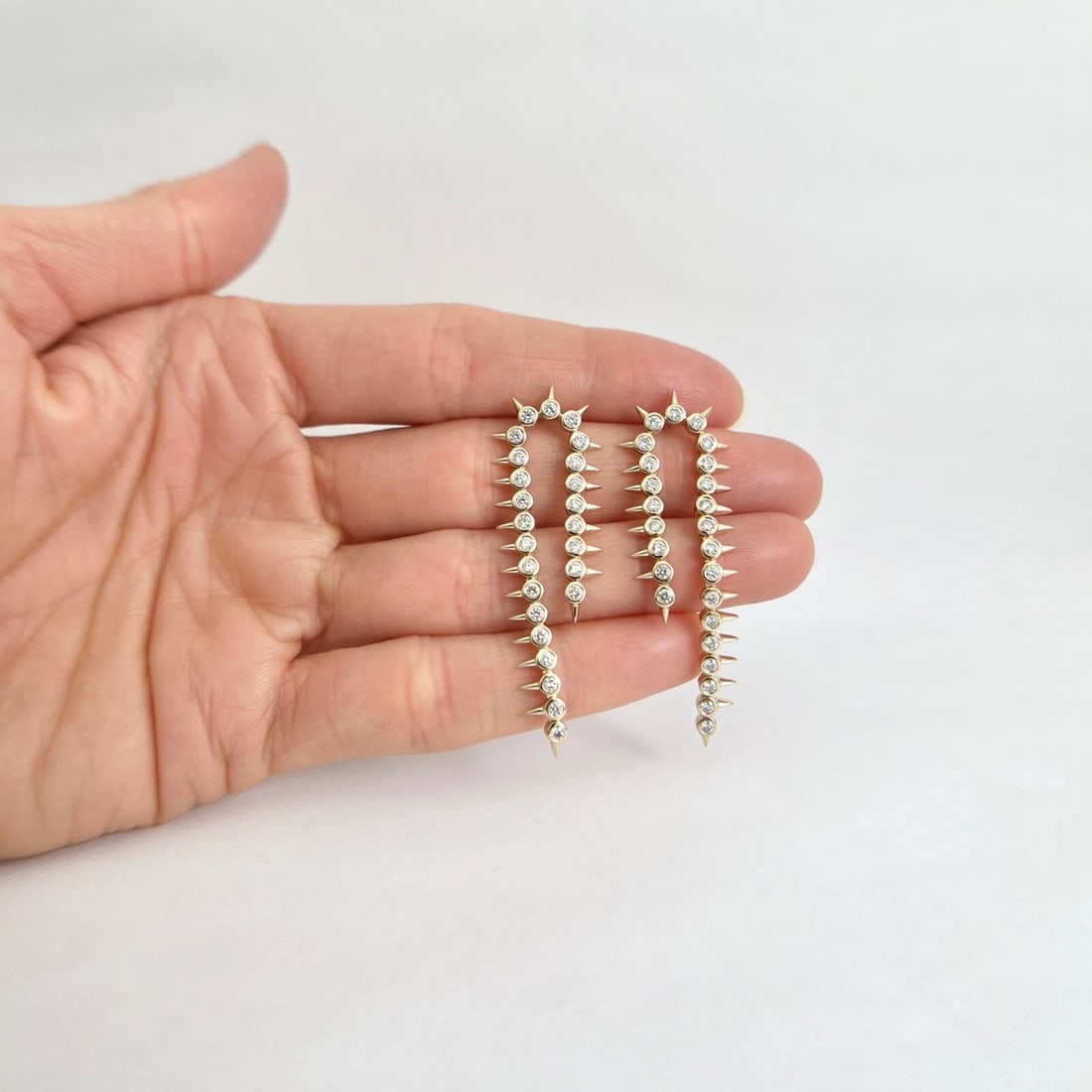 Long Diamond Bezel Spike Chain Dangle Drop Earrings 14K Yellow Gold, 1.09 CTW - 3