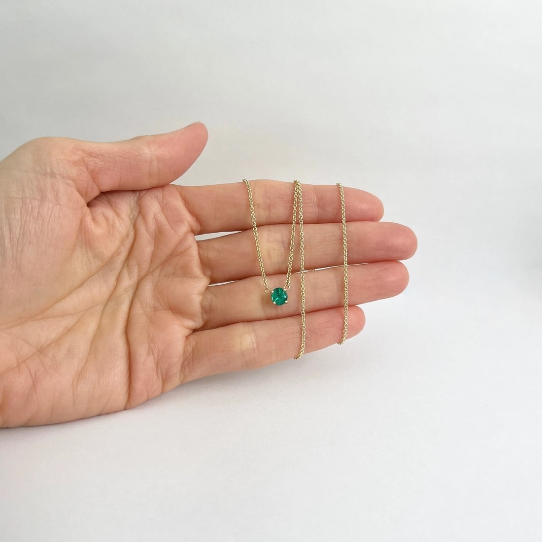 Round Green Emerald Solitaire Pendant Necklace 14K Yellow Gold .45 CT - 2