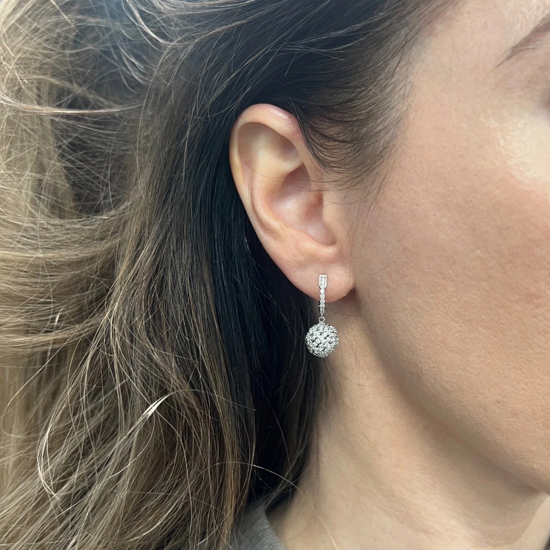 Pave Diamond Filigree Ball Dangle Drop Earrings 14K White Gold, 1 Inch, 1.20 CTW - 2