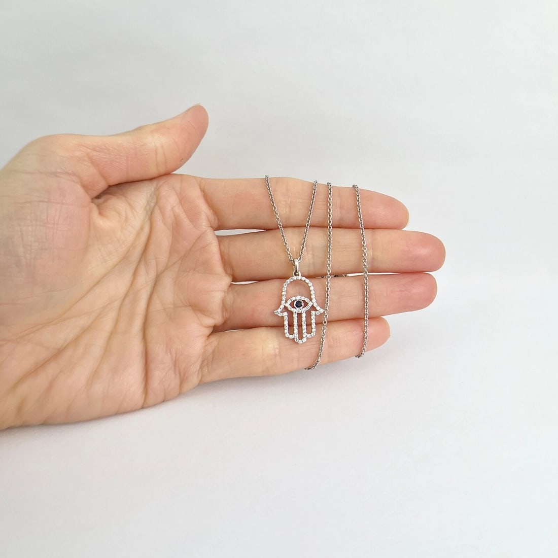 Blue Sapphire Diamond Hamsa Hand Evil Eye Pendant Necklace 14K White Gold - 2