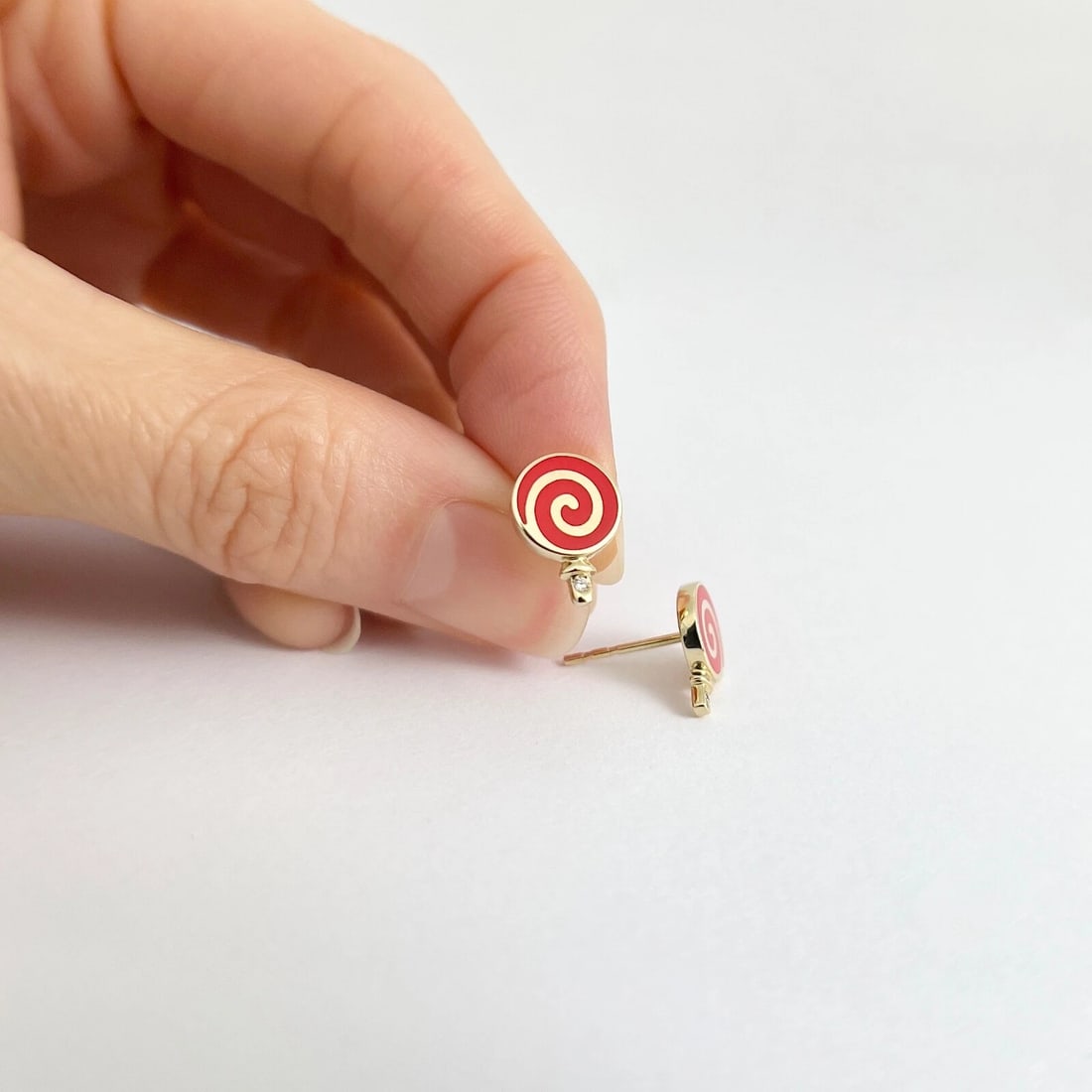 Red Enamel Swirl Lollipop Diamond Stud Earrings 14K Yellow Gold .02 CTW - 5