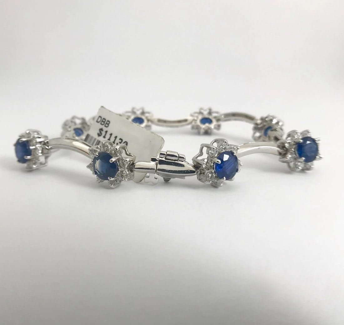 Blue Sapphire Diamond Halo Gemstone Bracelet 14K White Gold, 9.90 CTW, 7 Inches - 10