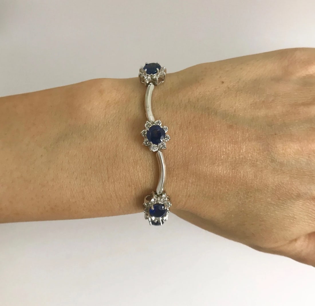 Blue Sapphire Diamond Halo Gemstone Bracelet 14K White Gold, 9.90 CTW, 7 Inches - 2