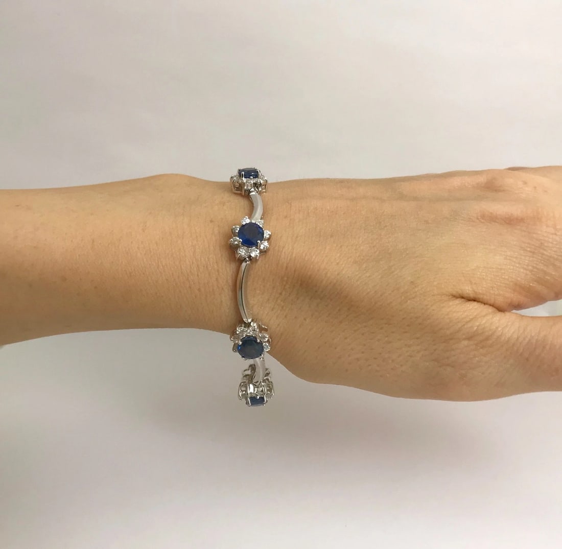 Blue Sapphire Diamond Halo Gemstone Bracelet 14K White Gold, 9.90 CTW, 7 Inches - 3