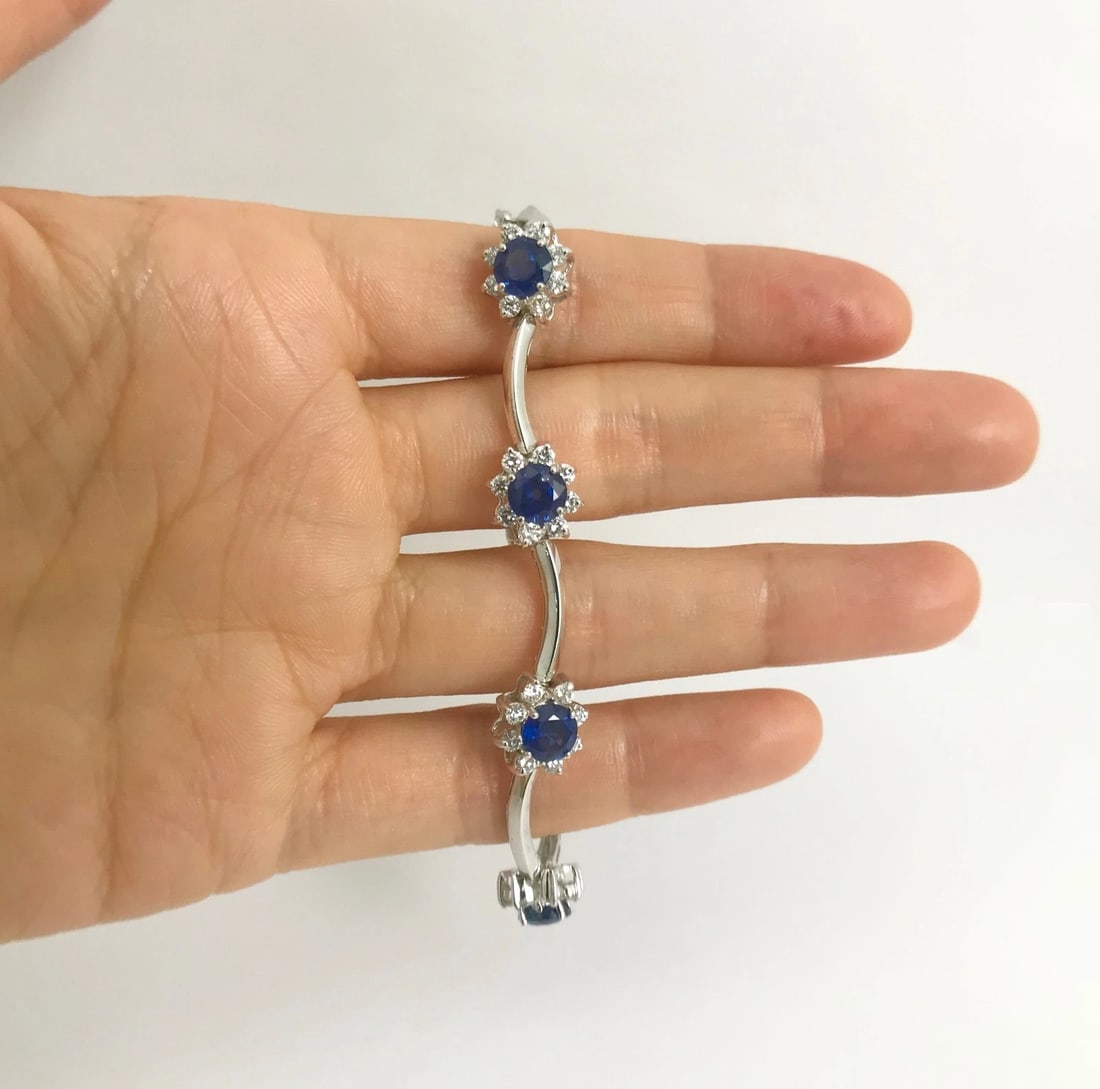 Blue Sapphire Diamond Halo Gemstone Bracelet 14K White Gold, 9.90 CTW, 7 Inches - 5