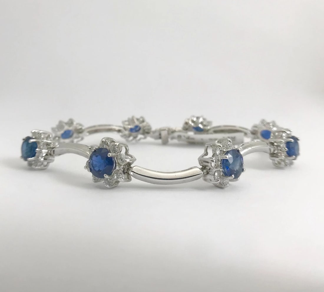 Blue Sapphire Diamond Halo Gemstone Bracelet 14K White Gold, 9.90 CTW, 7 Inches - 7