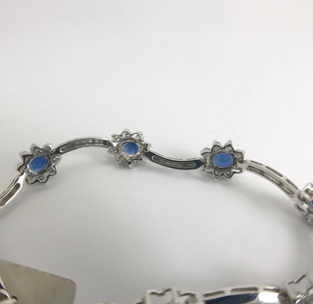 Blue Sapphire Diamond Halo Gemstone Bracelet 14K White Gold, 9.90 CTW, 7 Inches - 9