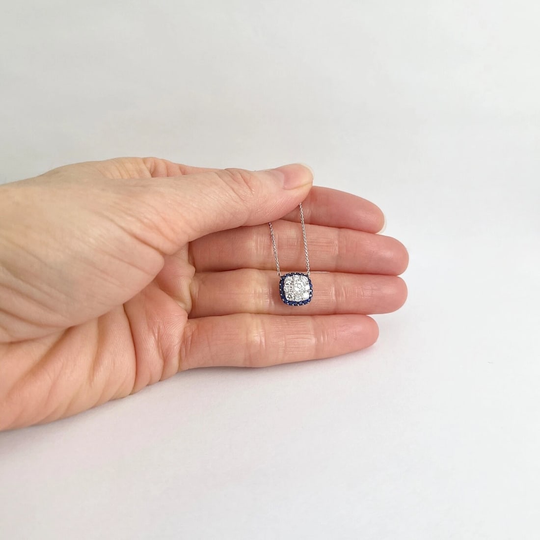 Cluster Diamond Sapphire Cushion Halo Pendant Necklace 14K White Gold, .87 CTW - 2