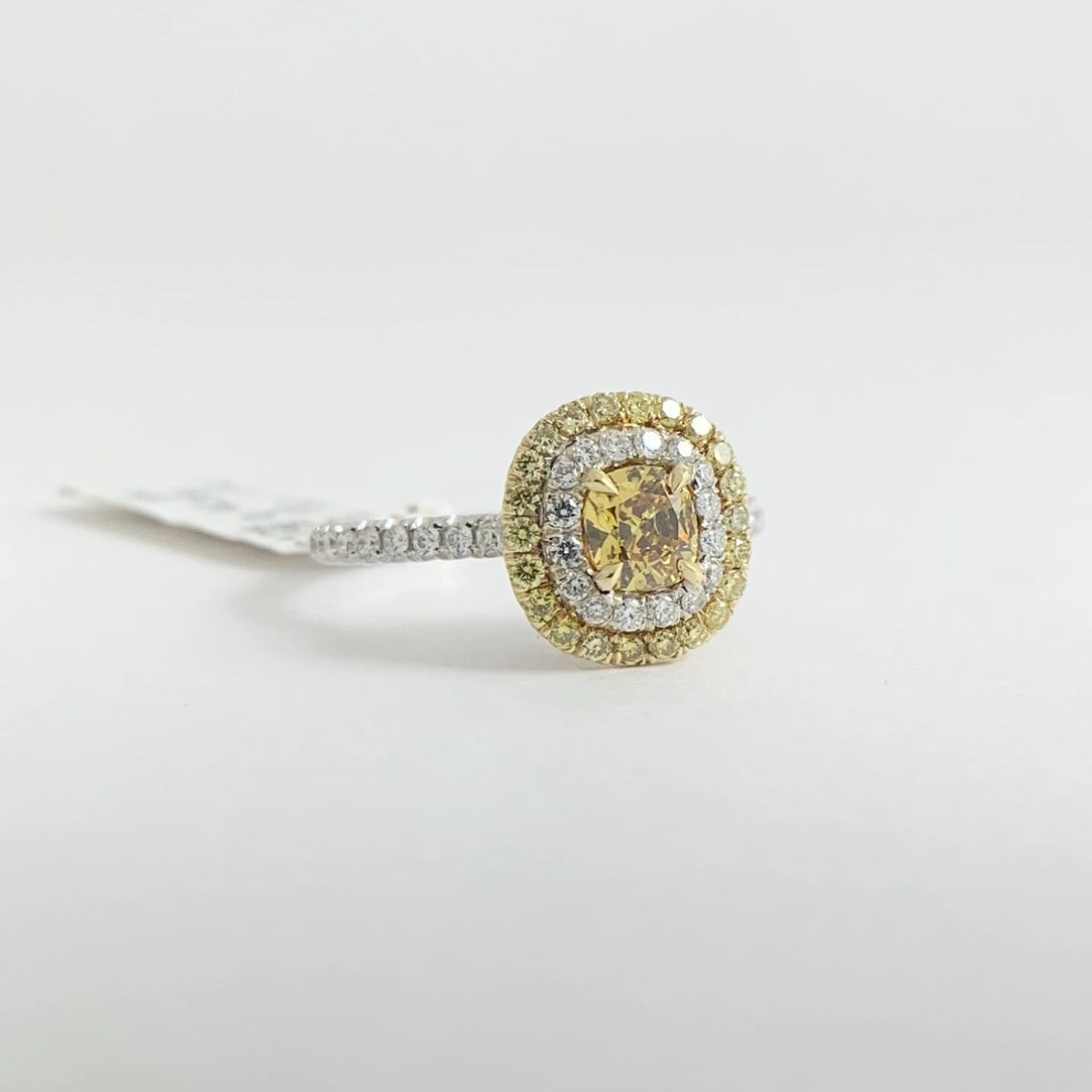 Fancy Orange Yellow Cushion Diamond Double Halo Ring 18K White Gold .87 CTW - 7