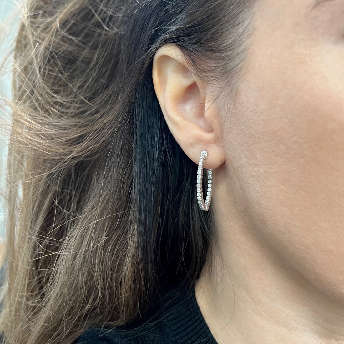 Inside-Out Oblong Diamond Hoop Earrings 14K White Gold, 1.1 Inch, 1.06 CTW - 2