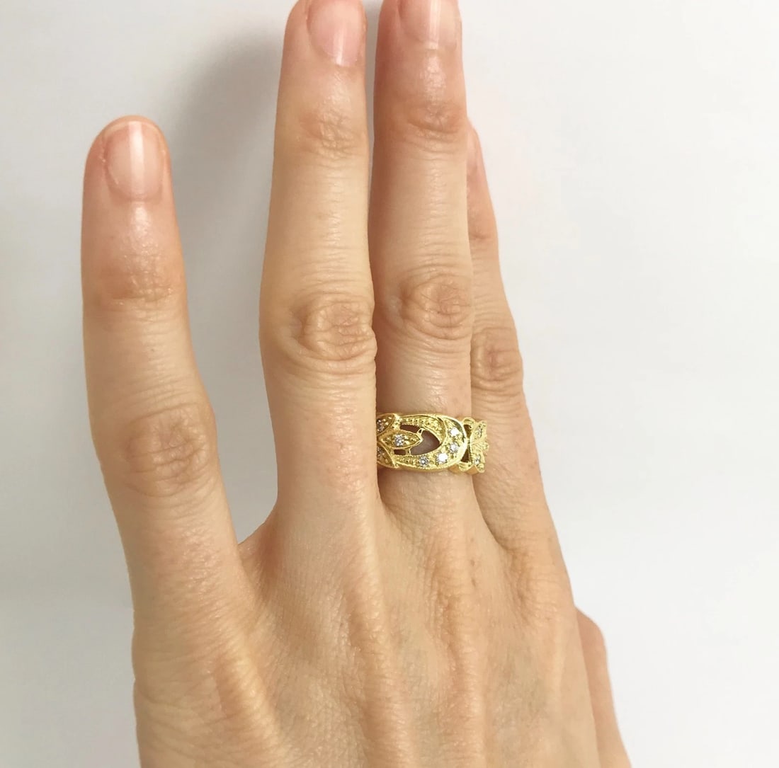 Wide Flower Filigree Diamond Band Ring 18K Yellow Gold, Size 6, 7.88 Grams - 3