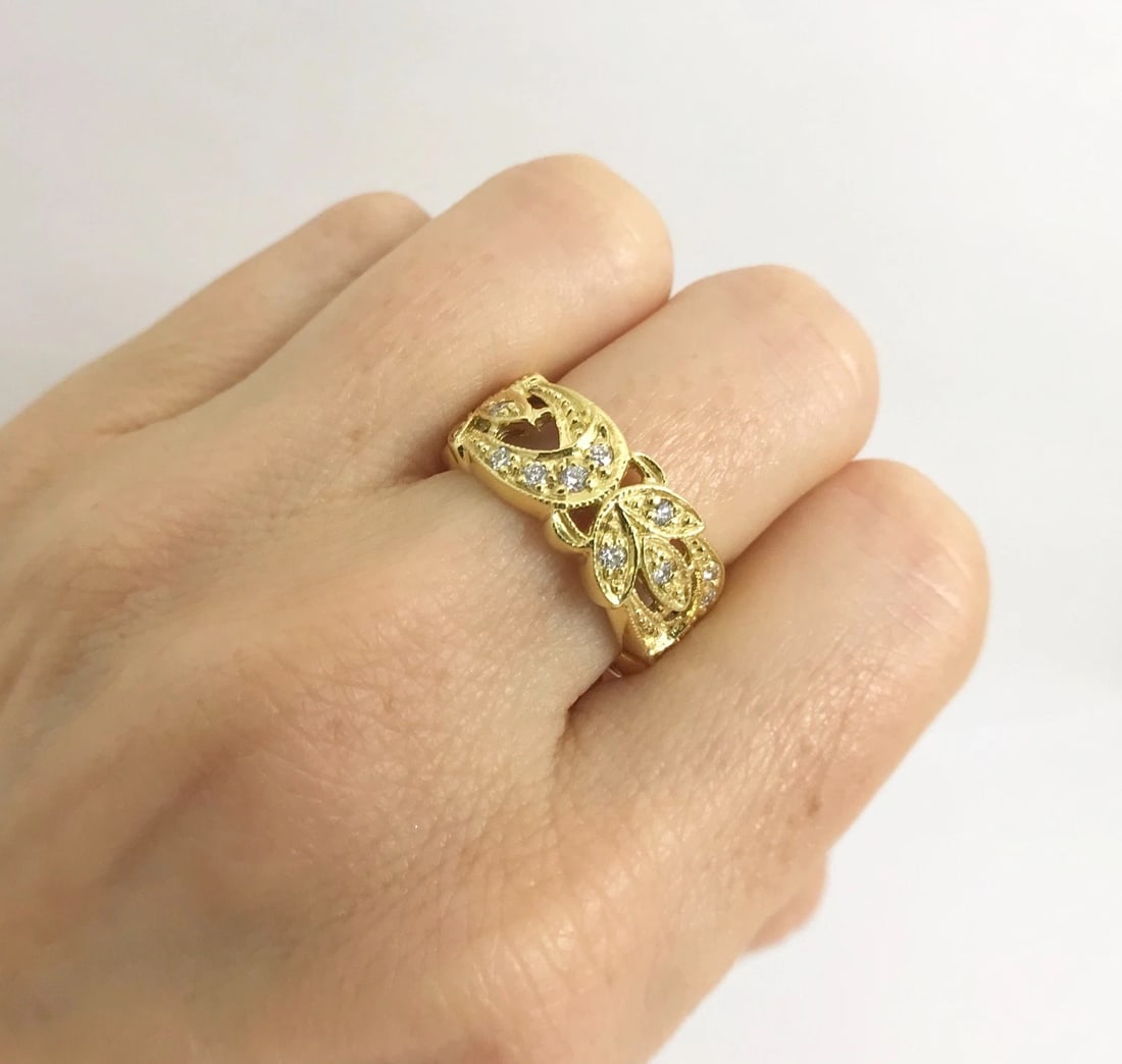 Wide Flower Filigree Diamond Band Ring 18K Yellow Gold, Size 6, 7.88 Grams - 4