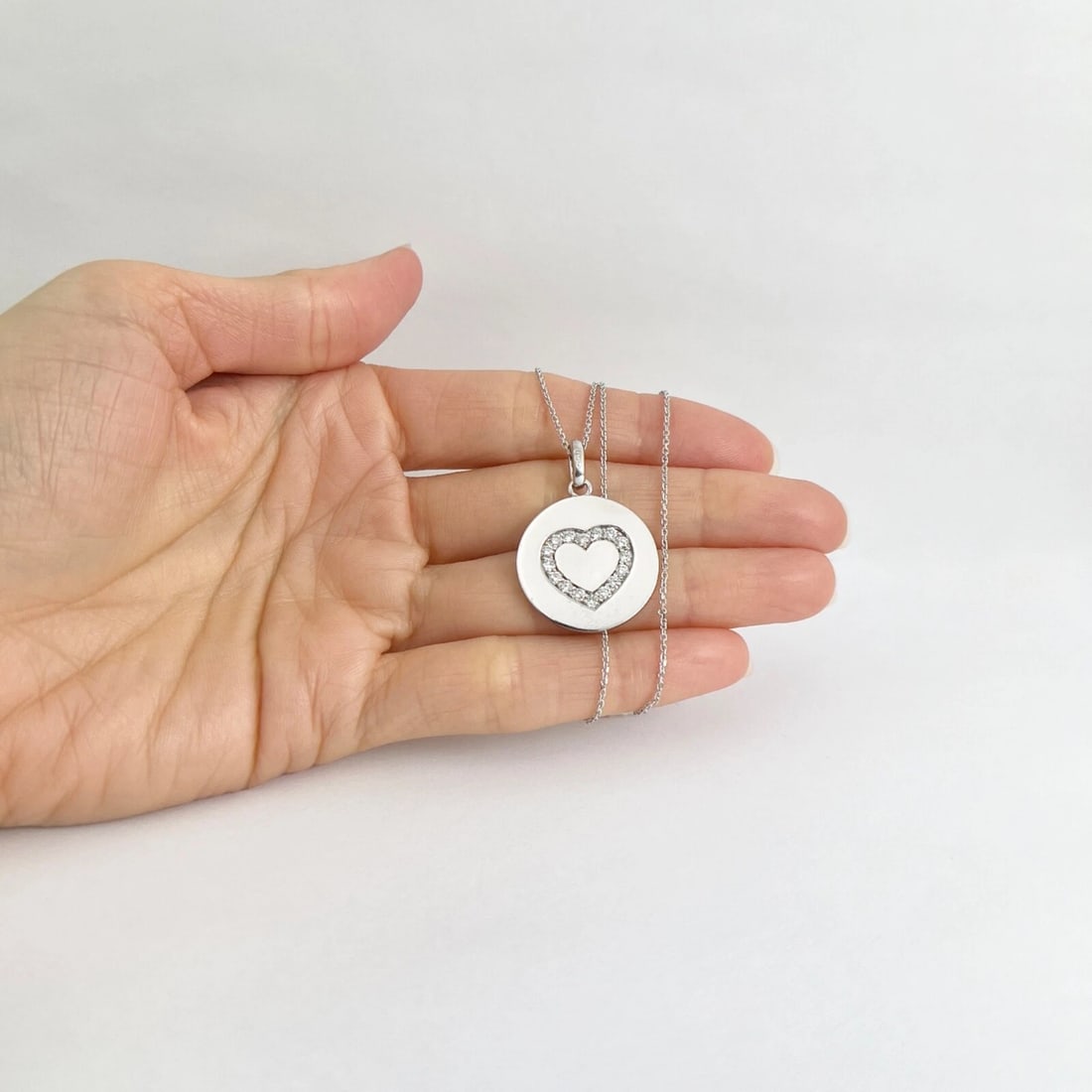 Diamond Heart Round Disc Pendant Necklace 14K White Gold, .64 CTW - 2