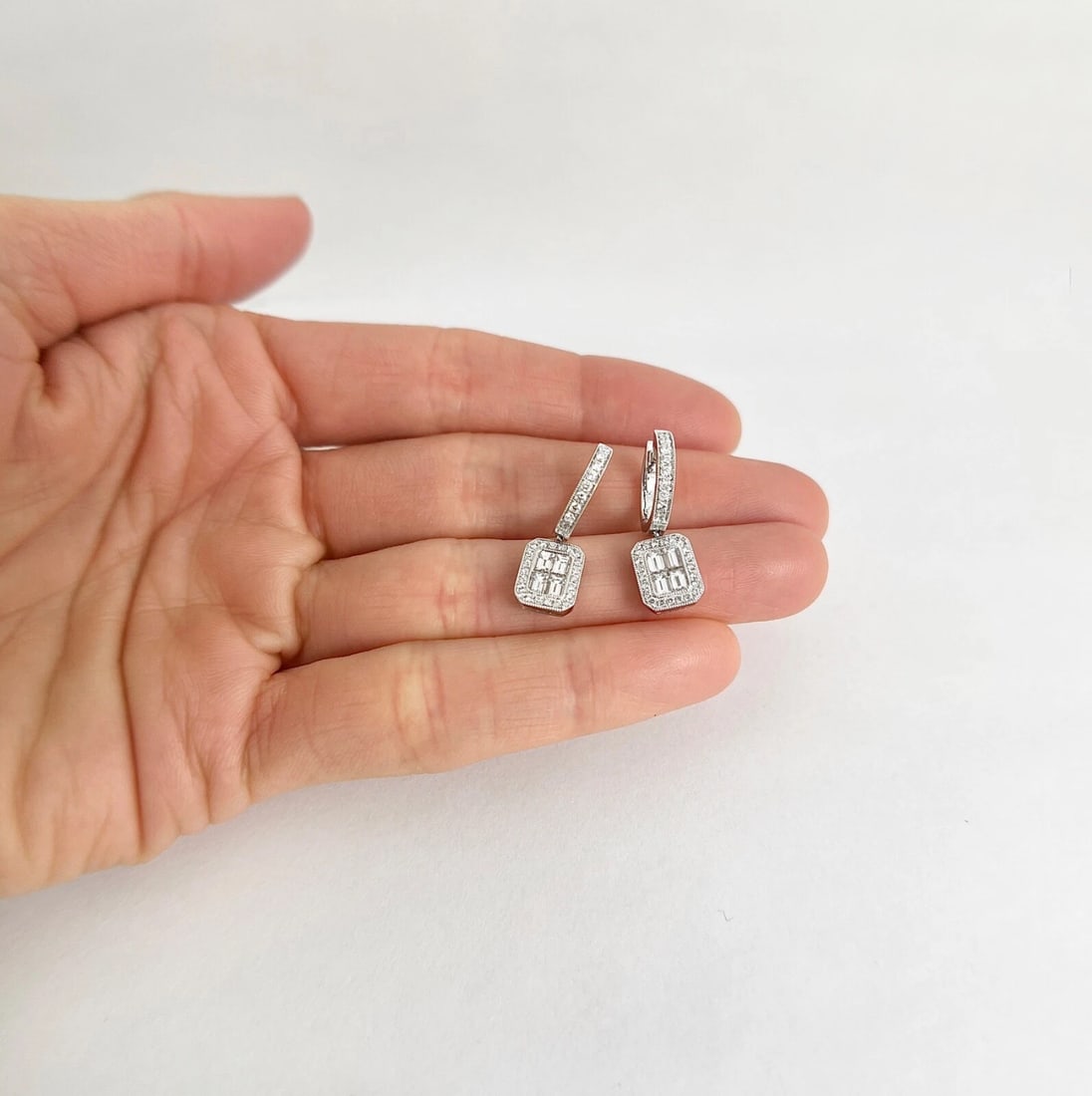 Baguette Diamond Halo Dangle Drop Earrings 18K White Gold, .94 CTW - 2