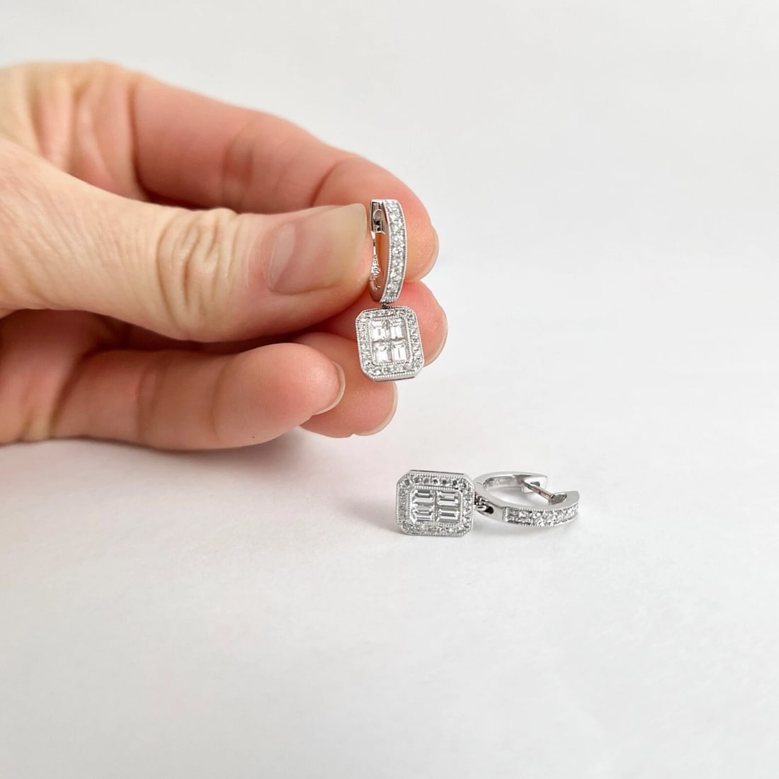 Baguette Diamond Halo Dangle Drop Earrings 18K White Gold, .94 CTW - 4