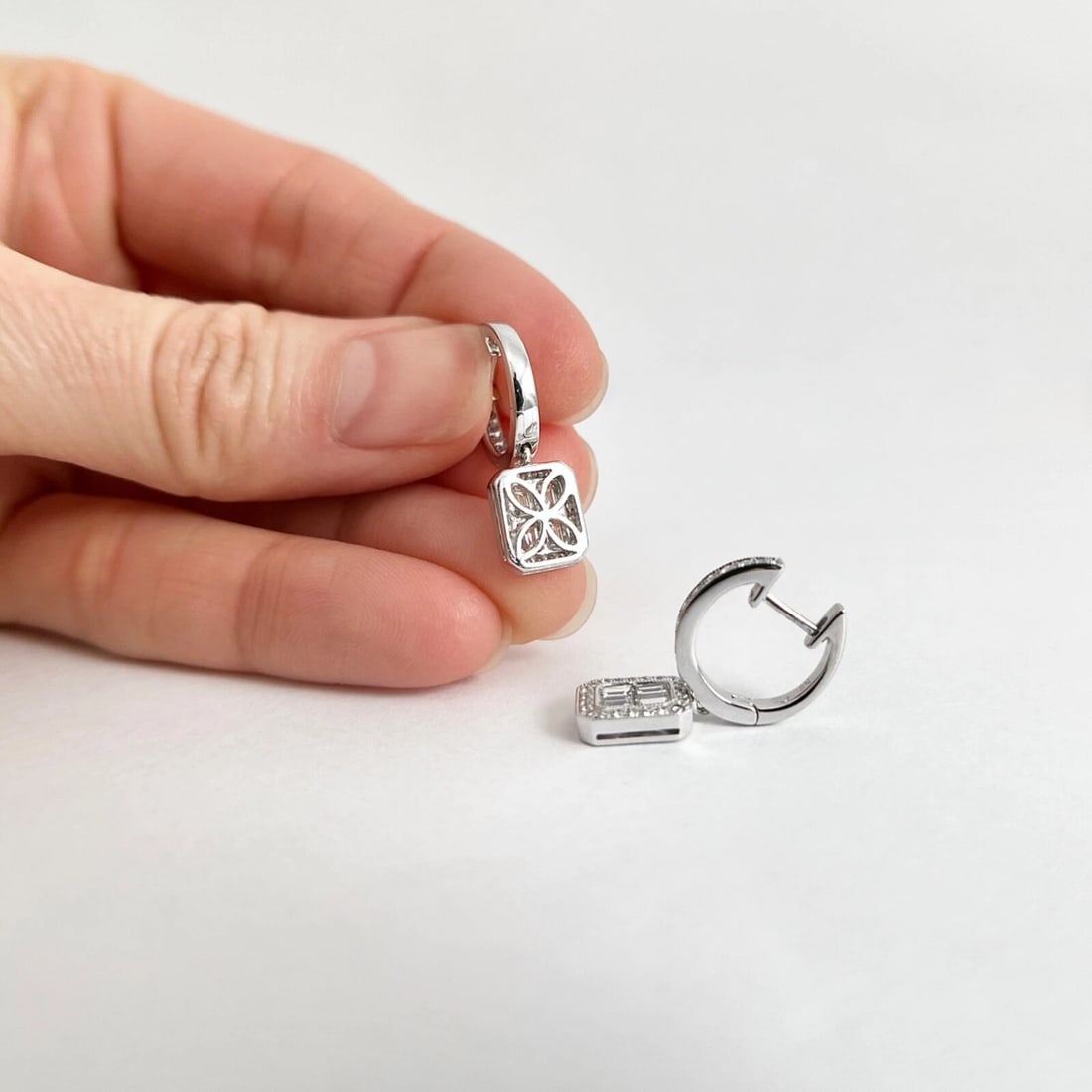 Baguette Diamond Halo Dangle Drop Earrings 18K White Gold, .94 CTW - 6