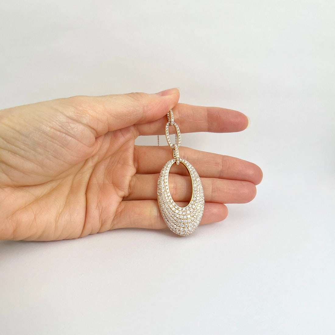 Hanging Oval Pave Diamond Pendant Necklace 18K Pink Rose Gold, 3.76 CTW - 2