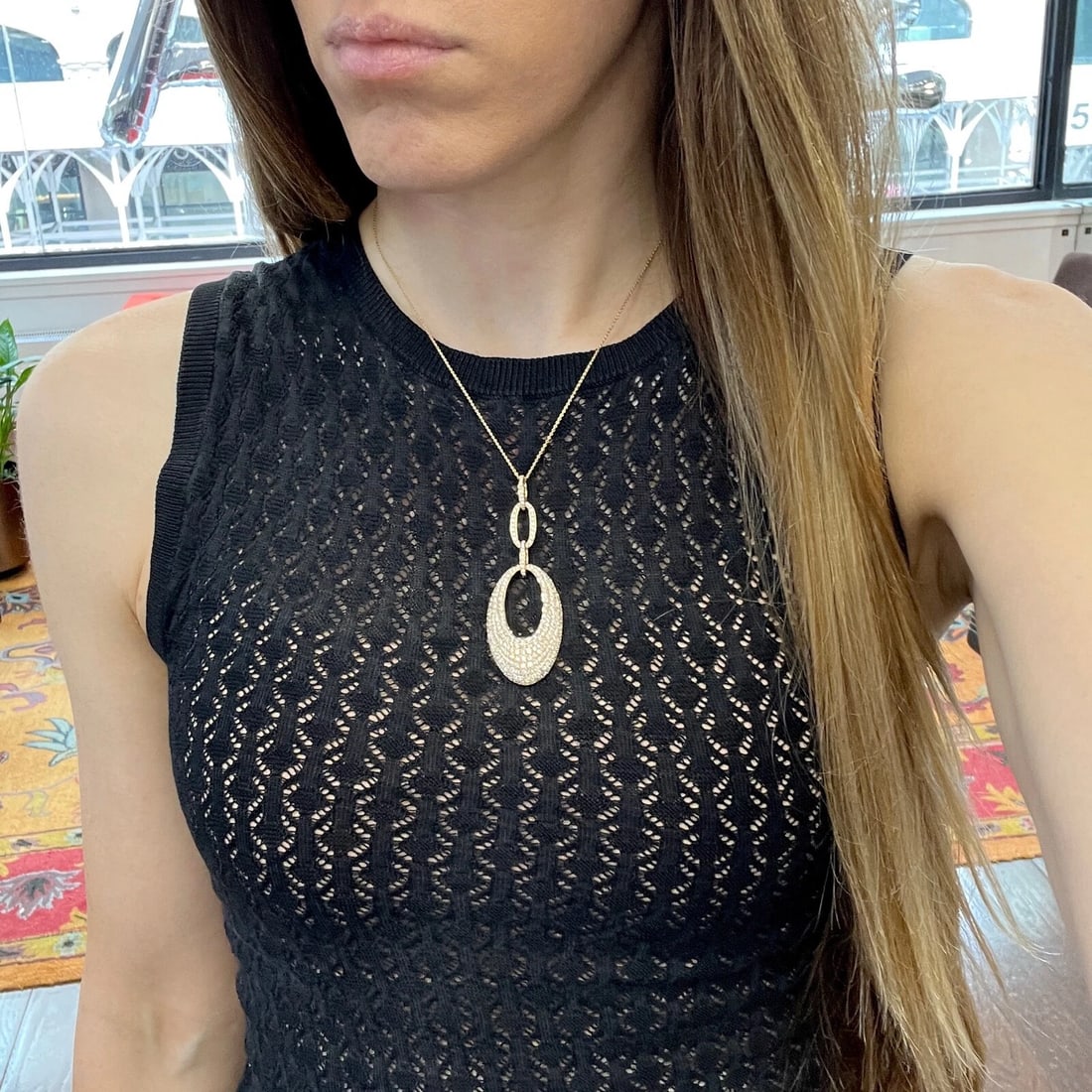 Hanging Oval Pave Diamond Pendant Necklace 18K Pink Rose Gold, 3.76 CTW - 3