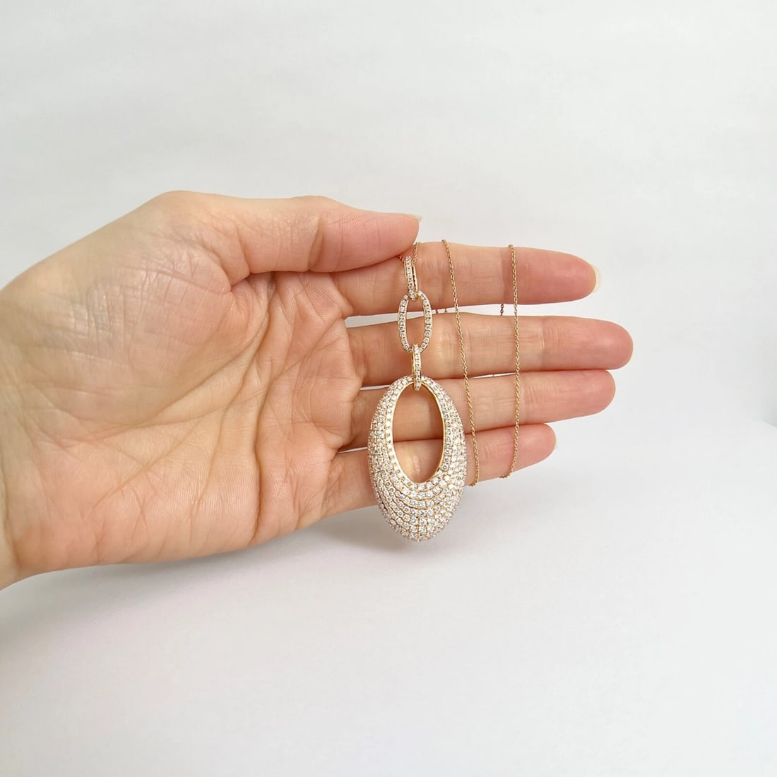Hanging Oval Pave Diamond Pendant Necklace 18K Pink Rose Gold, 3.76 CTW - 4