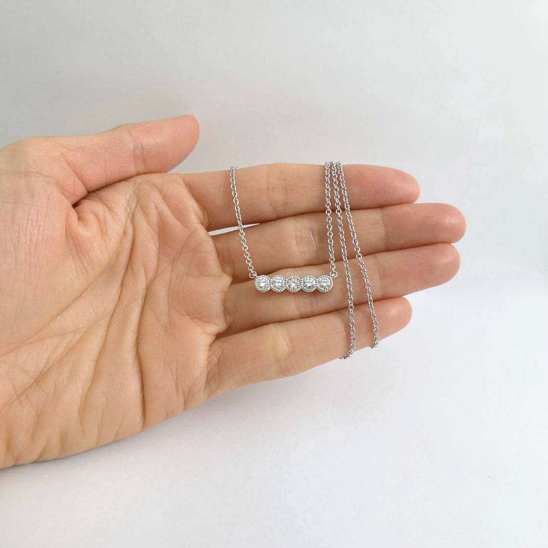 Round 5-Stone Bezel Set Diamond Bar Pendant Necklace 14K White Gold, .80 CTW - 2