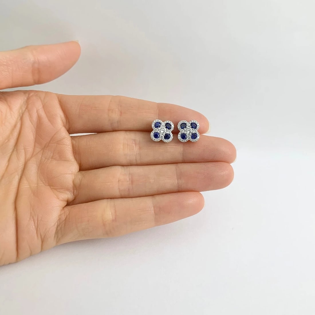 Blue Sapphire Diamond Clover Cluster Stud Earrings 14K White Gold 1.36 CTW - 2