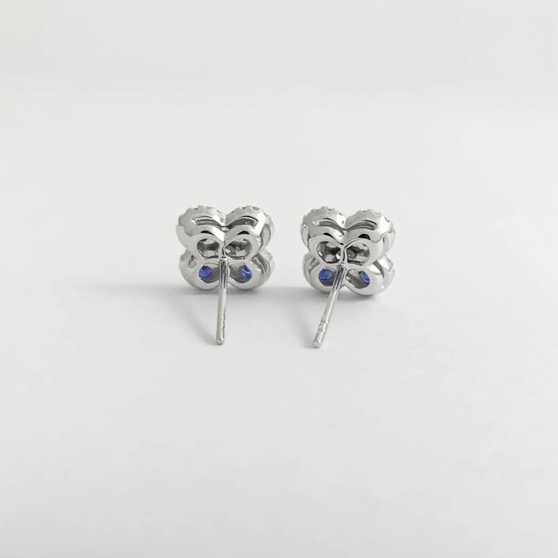 Blue Sapphire Diamond Clover Cluster Stud Earrings 14K White Gold 1.36 CTW - 6