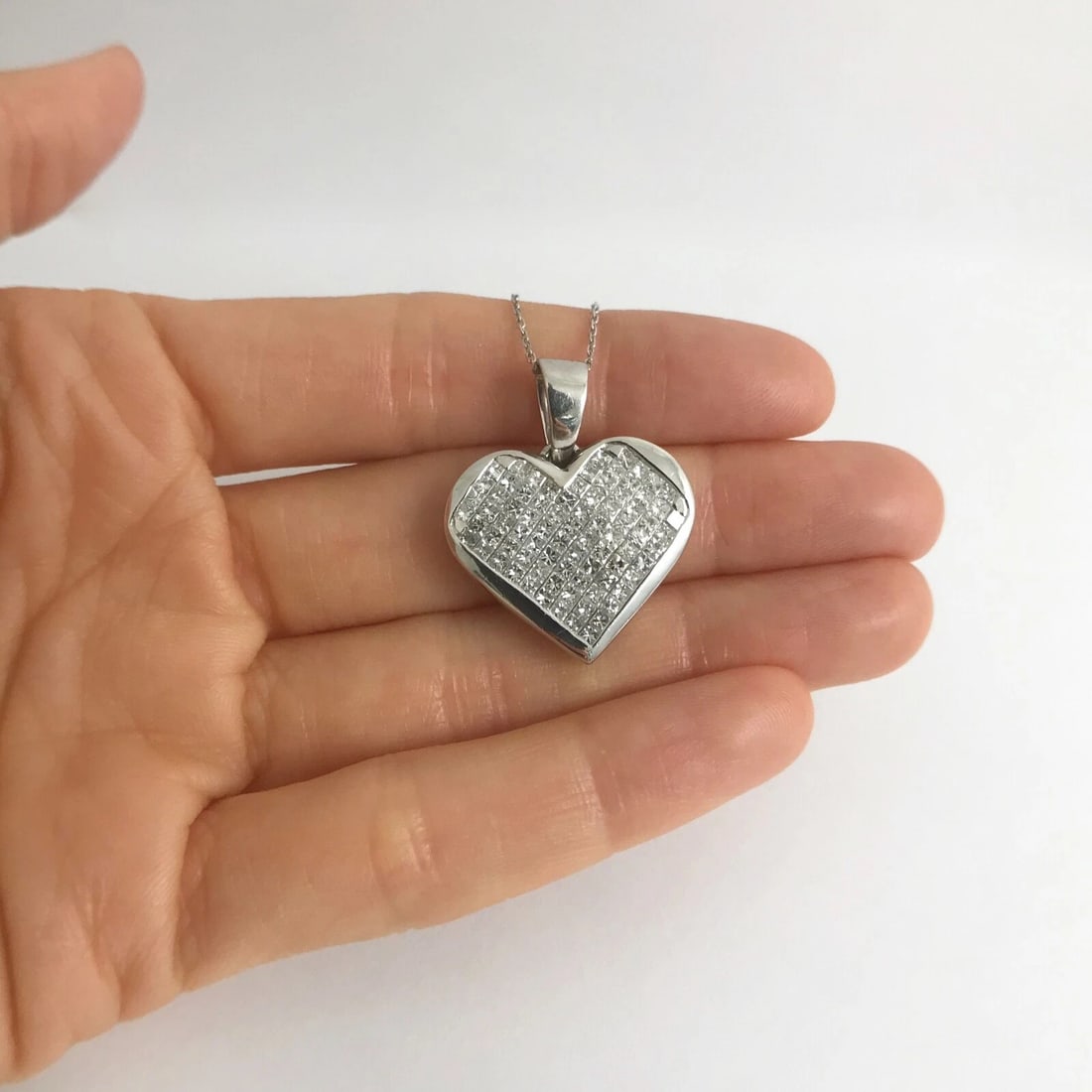 Invisible Set Princess Diamond Heart Pendant Necklace 18K White Gold, 2.25 CTW - 3