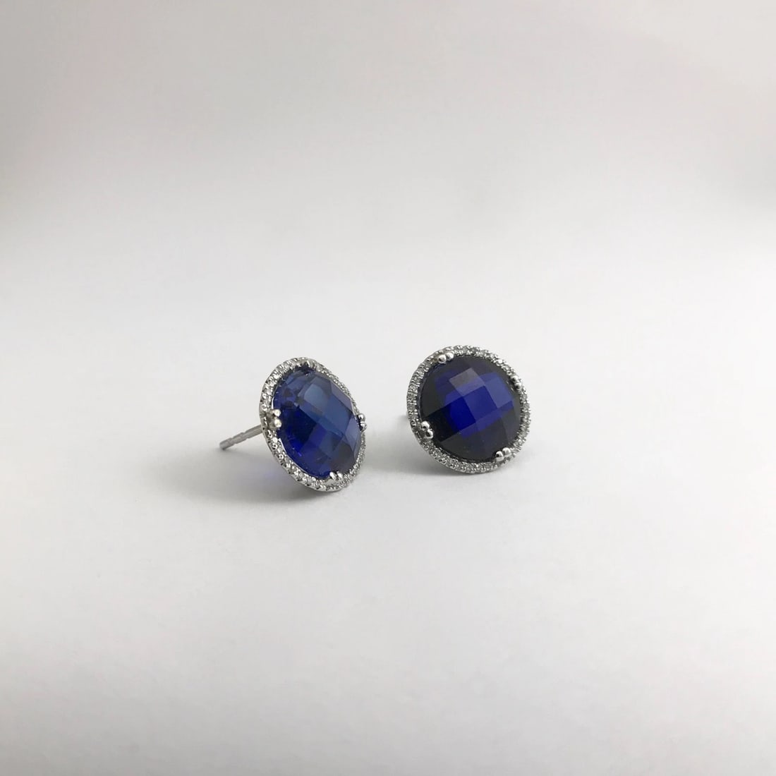 Blue Quartz Diamond Halo Gemstone Stud Earrings 14K White Gold, 12.27 CTW - 6
