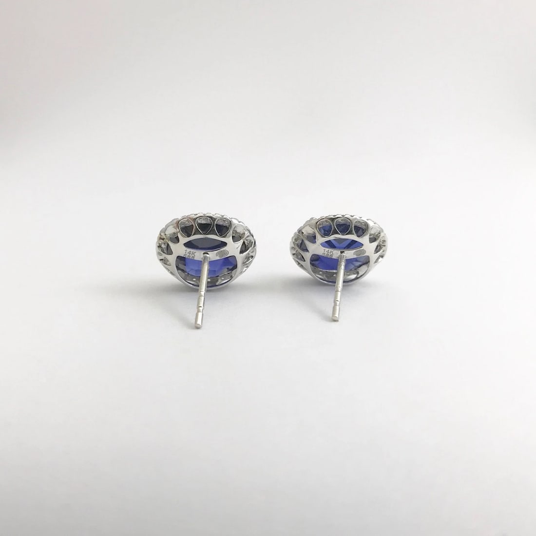 Blue Quartz Diamond Halo Gemstone Stud Earrings 14K White Gold, 12.27 CTW - 8