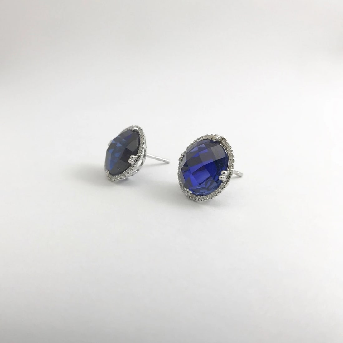 Blue Quartz Diamond Halo Gemstone Stud Earrings 14K White Gold, 12.27 CTW - 9