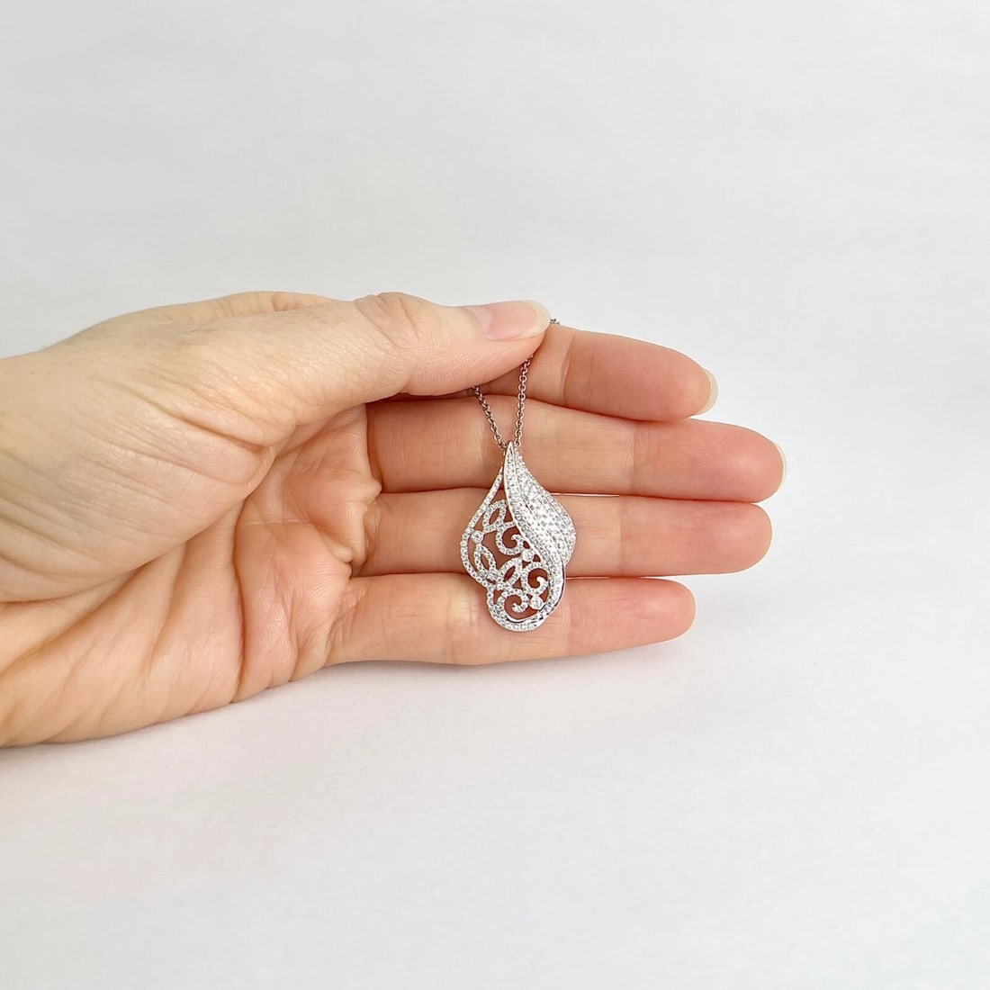 Asymmetrical Floral Diamond Filigree Pendant Necklace 18K White Gold, .82 CTW - 2