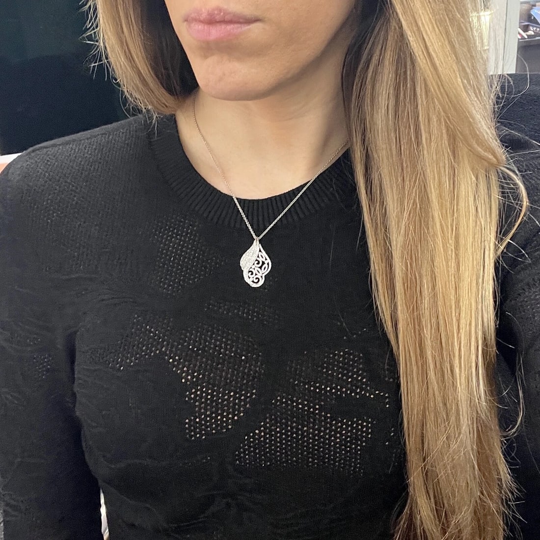 Asymmetrical Floral Diamond Filigree Pendant Necklace 18K White Gold, .82 CTW - 4