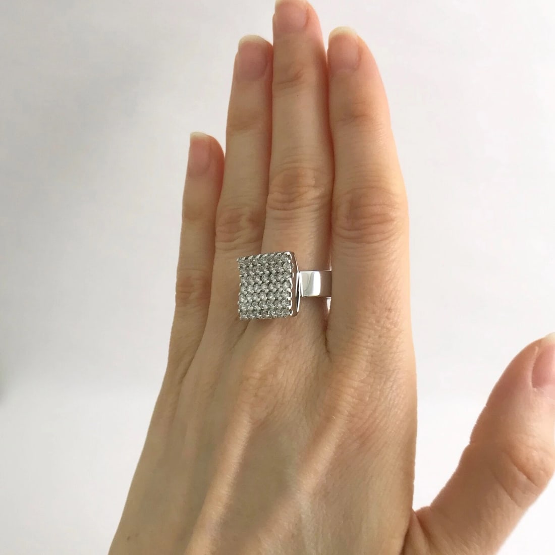 Square Wave Pave Diamond Cluster Cocktail Ring 18K White Gold, 1.03 CTW - 3