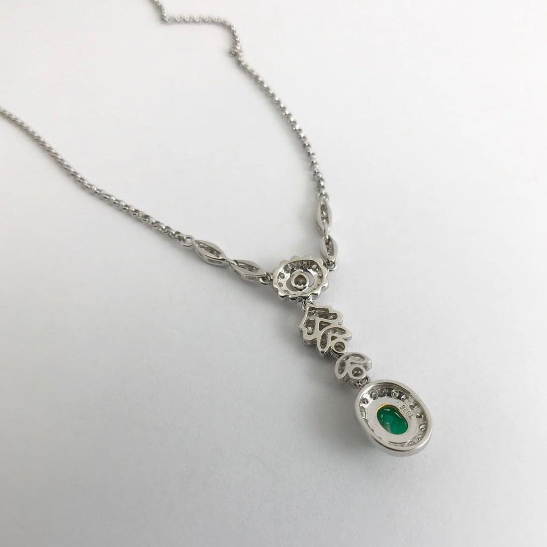 Green Emerald Diamond Halo Drop Pendant Lariat Y Necklace 18K White Gold .89 CTW - 12