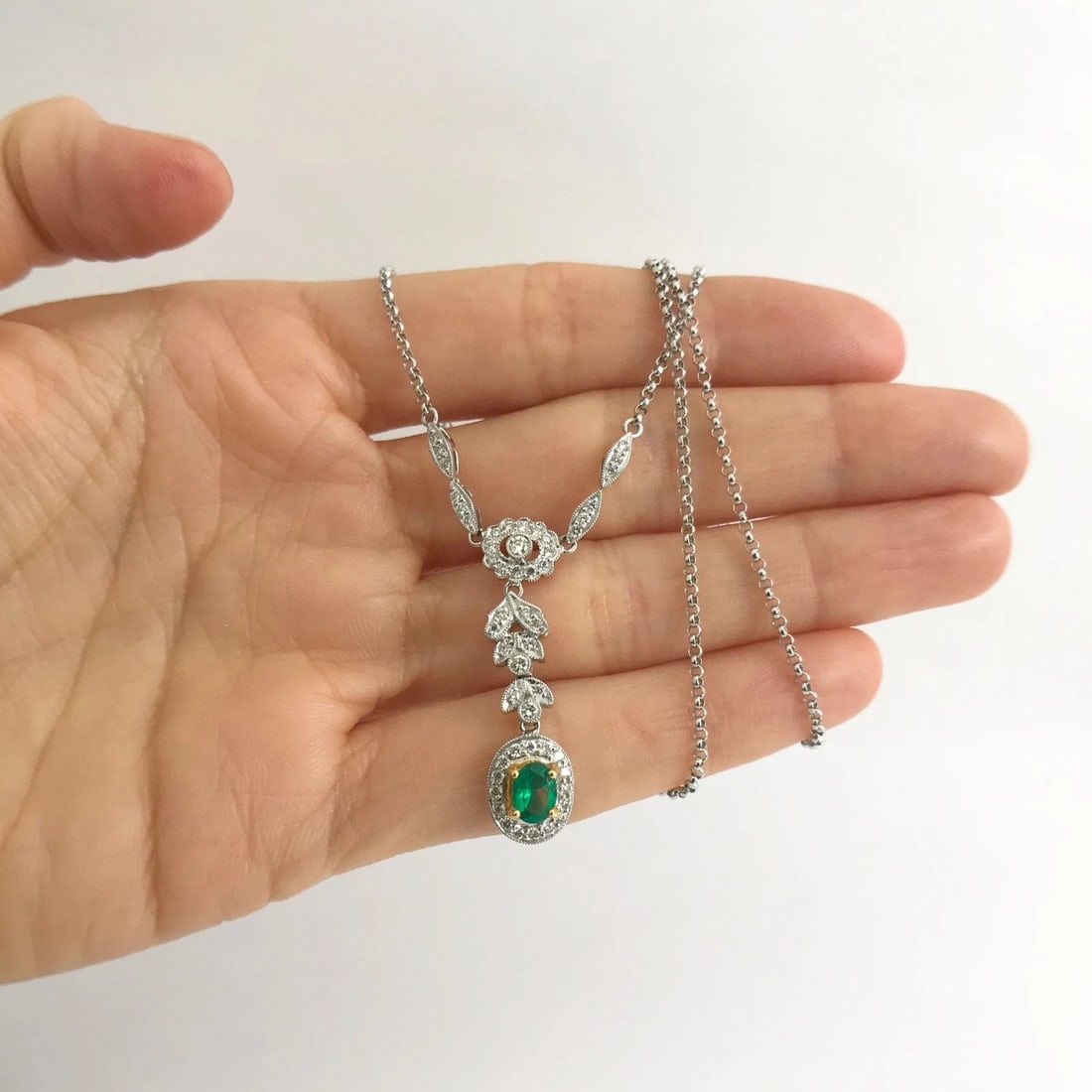 Green Emerald Diamond Halo Drop Pendant Lariat Y Necklace 18K White Gold .89 CTW - 2