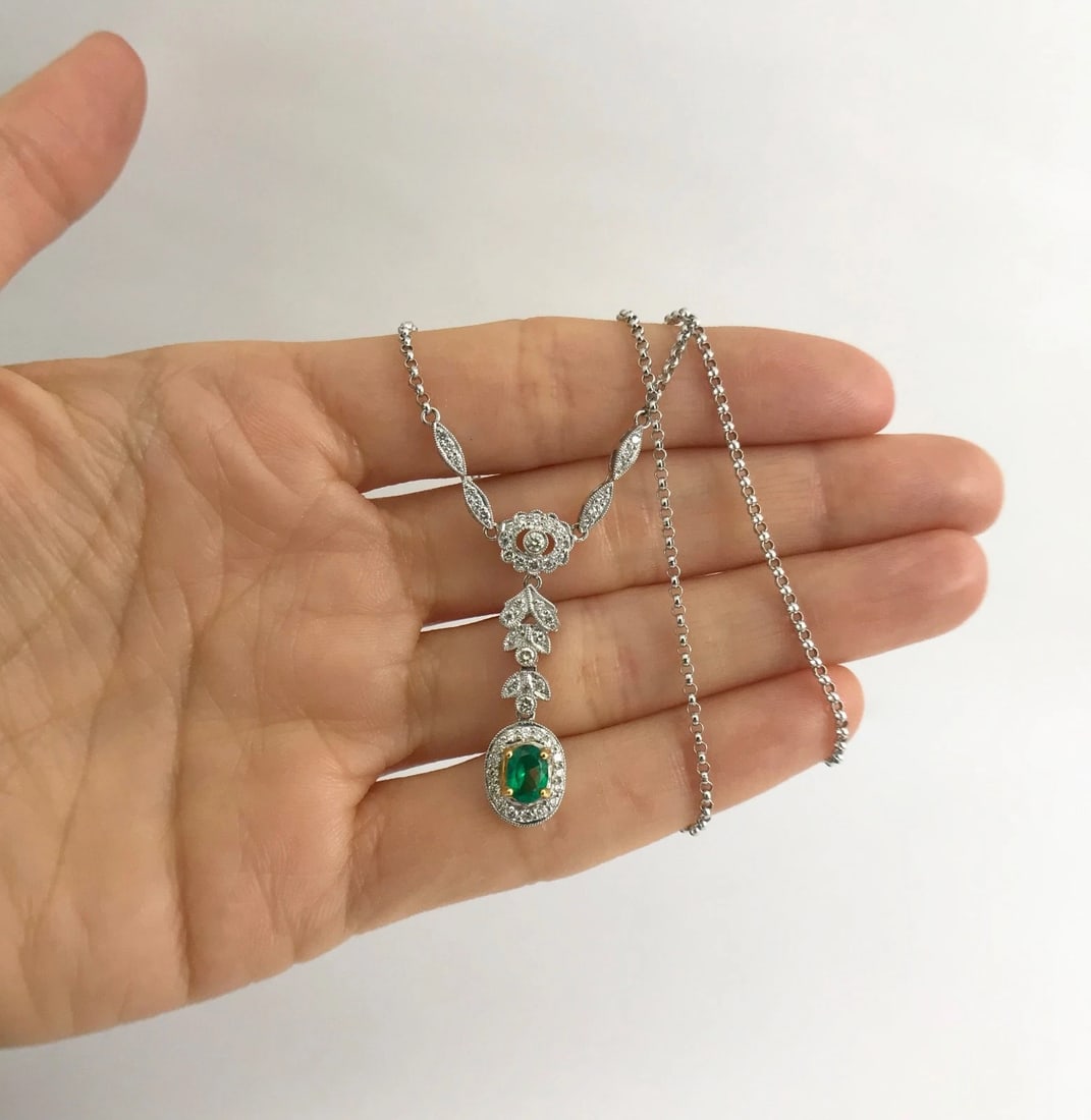 Green Emerald Diamond Halo Drop Pendant Lariat Y Necklace 18K White Gold .89 CTW - 3