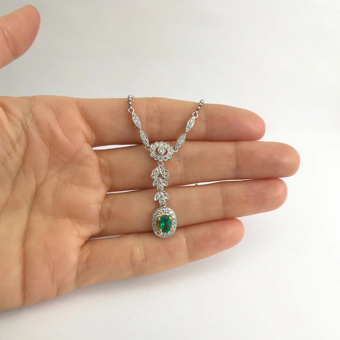 Green Emerald Diamond Halo Drop Pendant Lariat Y Necklace 18K White Gold .89 CTW - 4