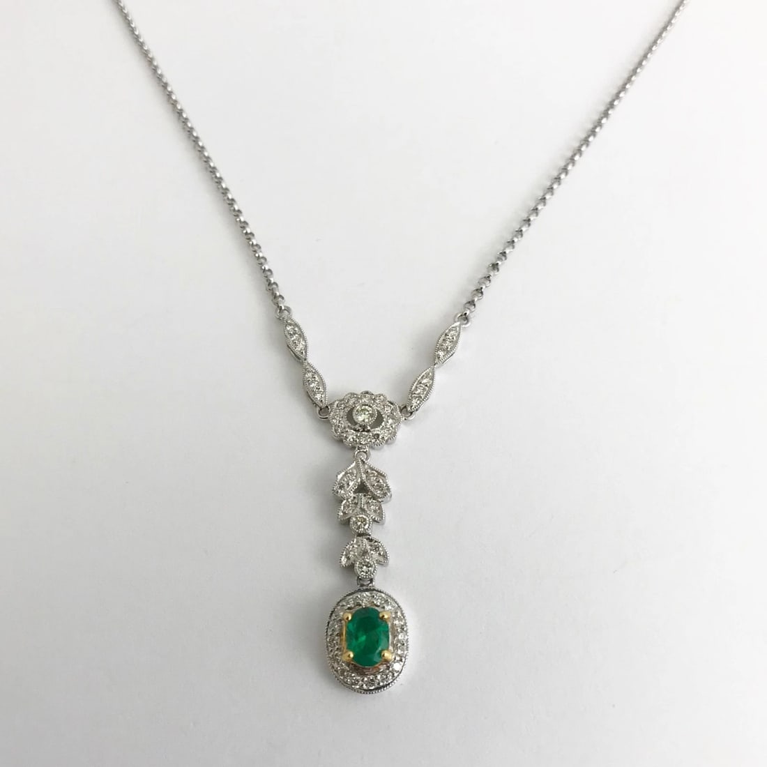 Green Emerald Diamond Halo Drop Pendant Lariat Y Necklace 18K White Gold .89 CTW - 7