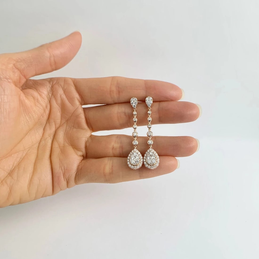 Teardrop Diamond Halo Cluster Hanging Dangle Drop Earrings 14K Pink Rose Gold - 2