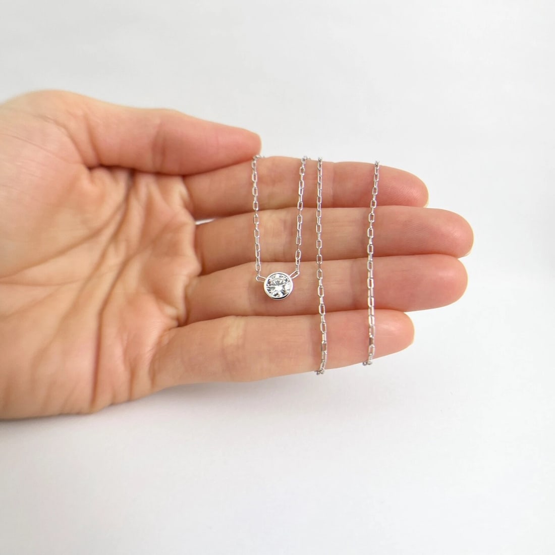 Round Bezel Solitaire Diamond Pendant Necklace 14K White Gold .61 CT - 2