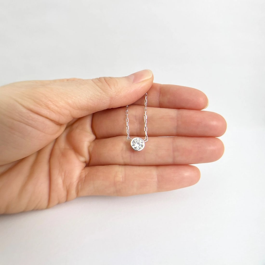 Round Bezel Solitaire Diamond Pendant Necklace 14K White Gold .61 CT - 3